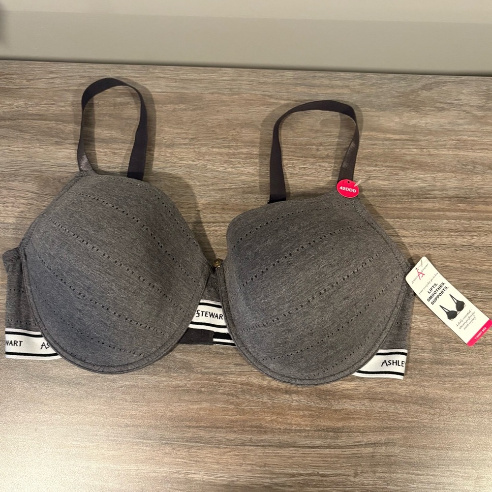 NWT Ashley Stewart Bra T-Shirt Heather gray 42DDD Under Wire Logo Rayon, Spandex